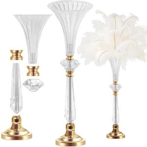 VIJIV Crystal Acrylic Trumpet Vase for Wedding Centerpieces & Home Decor - 21.7" Clear Flower Stand with Ribbed Texture, Gold Accents, Table/Floor Vase for Events, Bridal Showers & Boho Weddings