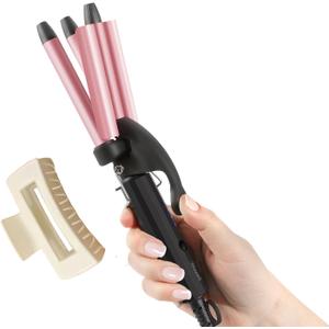 Mini Hair Crimper 4 Temperature Adjustable, 1/2 Inch Small 3 Barrel Curling Iron Hair Waver Dual Voltage Travel Size, Tiny Crimper Hair Tool Create Natural Tight Beachy Waves (Pink)