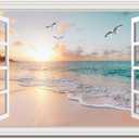 Beach Wall Art Picture for Living Room - Window Frame Style Canvas Wall Decor Ocean Sunset - Blue Sea and White Sand Painting on Canvas for Bedroom Office Home Decoration (36L" x 24W")