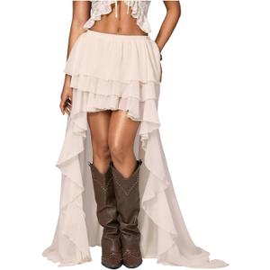 OYOANGLE Women's Boho Layered Ruffle Chiffon Maxi Skirt Y2K Elastic Cowgirl Western Asymmetrical Skirts (Beige, S)