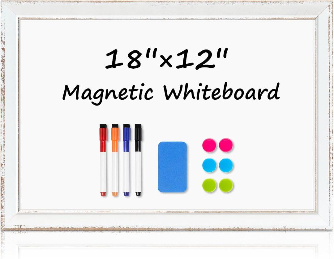 DOLLAR BOSS Magnetic Whiteboard, 18"x12" Dry Erase Board for Wall with White Distressed Frame, Hand-Finished Vintage Decorative White Board for Office, Home & Classroom with Markers, Magnets, Eraser