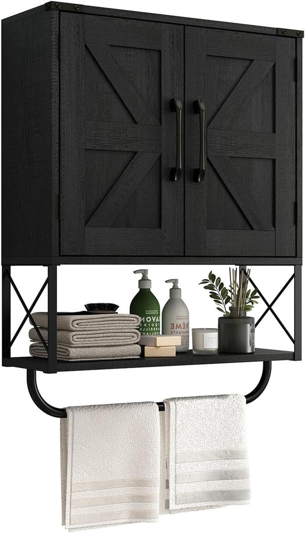 RUSTOWN Farmhouse Medicine Cabinet with 2 Barn Door, Wood Wall Mounted Storage Cabinet with Adjustable Shelf and Towel Bar, 3-Tier Bathroom Cabinet for Bathroom, Living Room(Black, Medium)