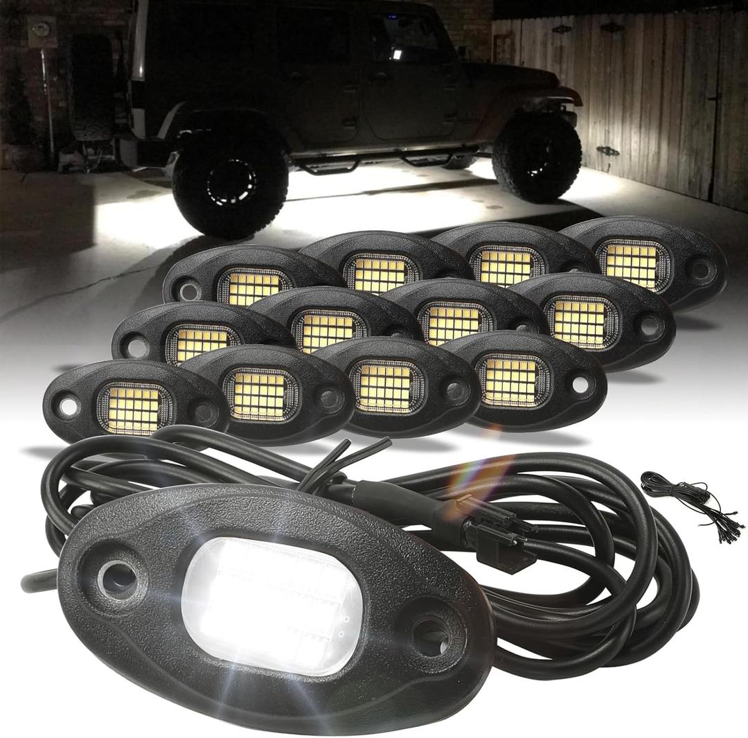 SUNPIE 12 Pods White Rock Lights – Aluminium Housing, Quick Connect, 24 High Power Chips, 4M Extension Wires, 6000K Pure White, Mounting Pads Included, IP67, Fits Trucks, SUV, ATV, UTV, Trailer