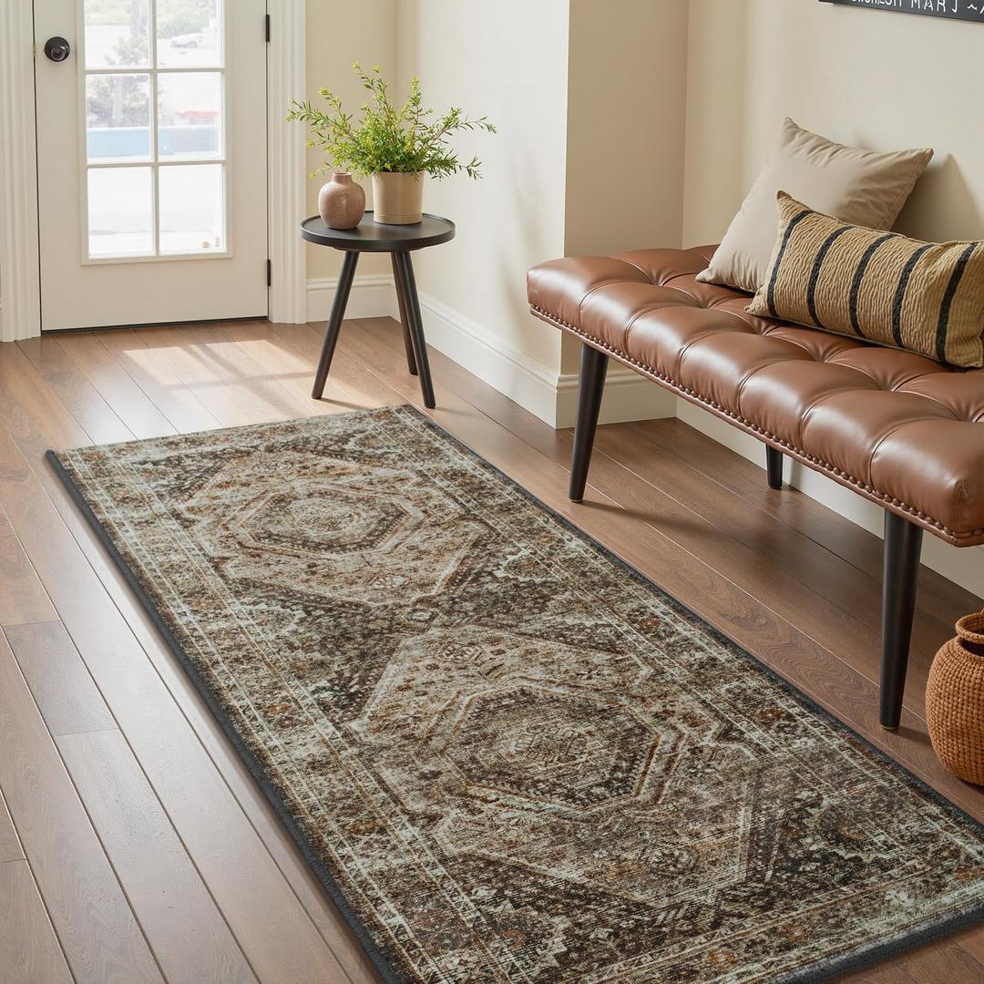 RESARE-2X6 Runner Rug-Washable Runners for Hallways-Soft Vintage Long Rug for Bathroom-Non Slip Bedside Rugs for Bedroom-Rugs for Kitchen in Front of Sink Laundry Room Brown (2ft x 6ft)