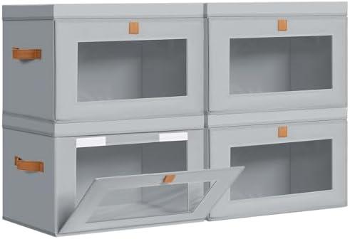 DIMJ Storage Bins with Lids - 4 Pack Large Fabric Closet Organizer with Window & Handles, Collapsible Decorative Storage Boxes for Shelves Under Bed, Books Clothes Blankets Sweaters Organization