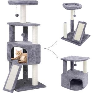45in Cat Tree Tower with Big Condo for Indoor Kitten,Cat Tower with Scratching Post,Scratching Board and Cat Toys,Multi-Level,Small Space,Transformer Cat Tree, Grey(New)