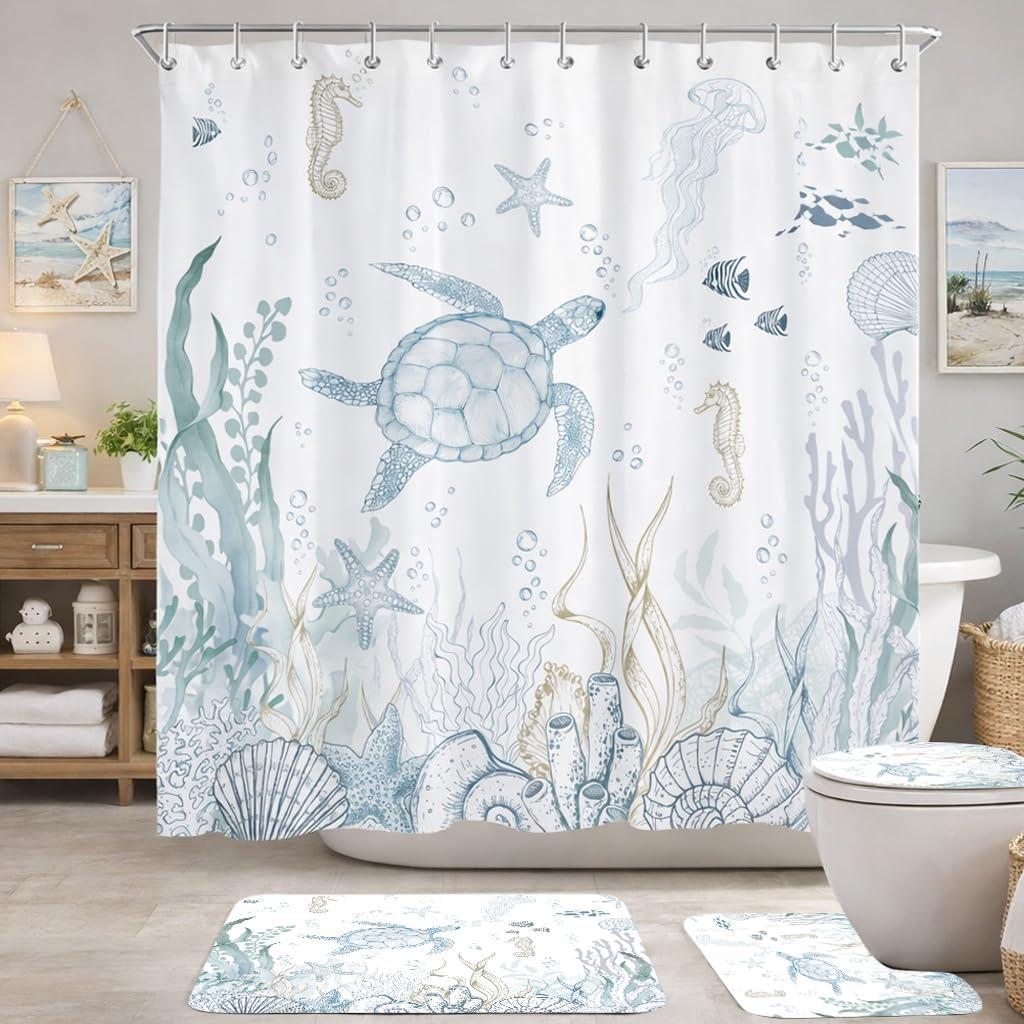 4 Pcs Sea Turtle Shower Curtain Set, Blue Ocean Beach Theme Bathroom Decor, Coastal Marine Life Coral Starfish Seashell Watercolor Shower Curtain with Rugs Toilet Lid Cover Bath Mat, 72x72 Inches