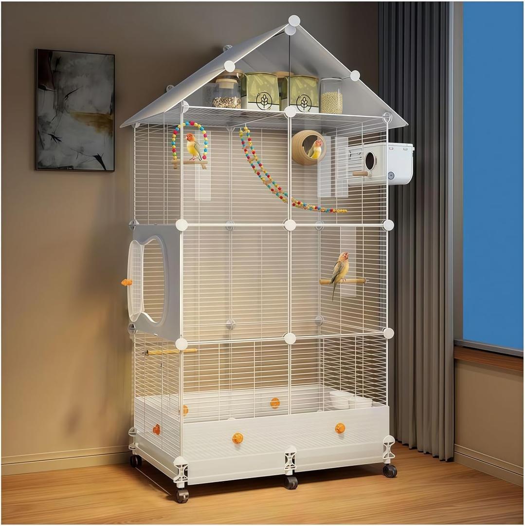 60in Large Flight Bird cage, Equipped with Bird's Nest，Ladder, Swing, Feeder, etc. with Wheels for Easy Outdoor Movement, Suitable for Parrots, Pigeons (White, 28.4" L x 14.2" W x 60" H)