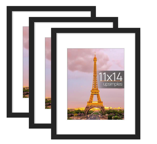 UPSIMPLES 11X14 PICTURE FRAME SET OF 2,MADE OF HIGH DEFINITION GLASS FOR 8X10 WITH MAT OR 11X14 WITHOUT MAT,WALL MOUNTING PHOTO FRAME BLACK