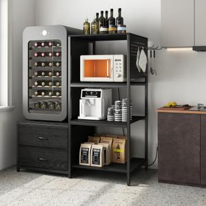 Mini Fridge Stand with Adjustable Shelf, Power Outlet & Storage, Kitchen Organizer for Microwave, Coffee Bar, Dorm, Office (Black), Small