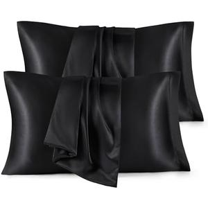 Bedsure Satin Pillowcases Standard Set of 4 - Black Silk Pillow Cases for Hair and Skin 20x26 inches, Satin Pillow Covers 4 Pack with Envelope Closure, Gifts for Women Men