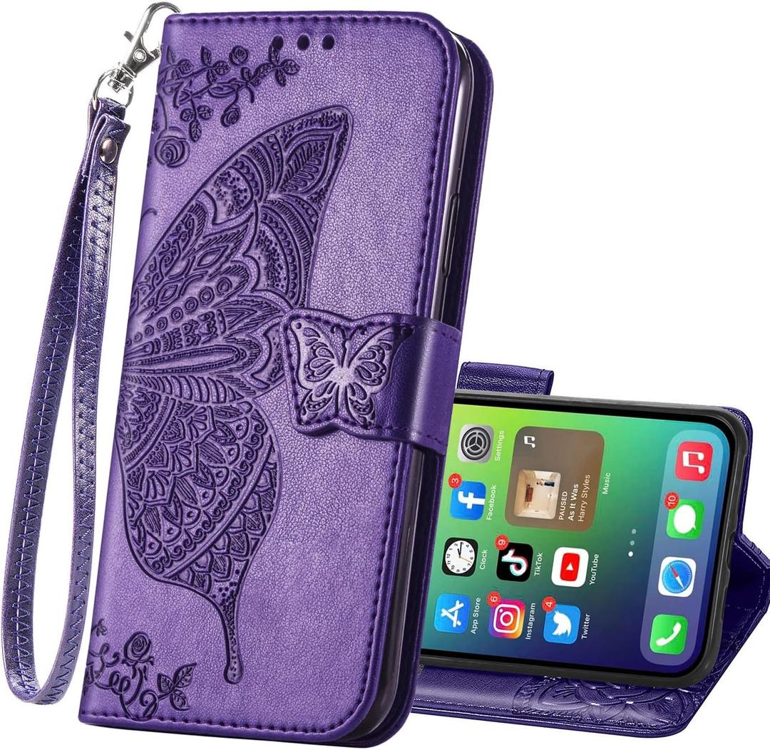 HAOTP for iPhone 14 Pro Wallet Case,PU Leather Flip Protective Phone Case Wrist Strap Credit Card Holder Pocket Emboss Butterfly Flower Kickstand Case for iPhone 14 Pro Purple