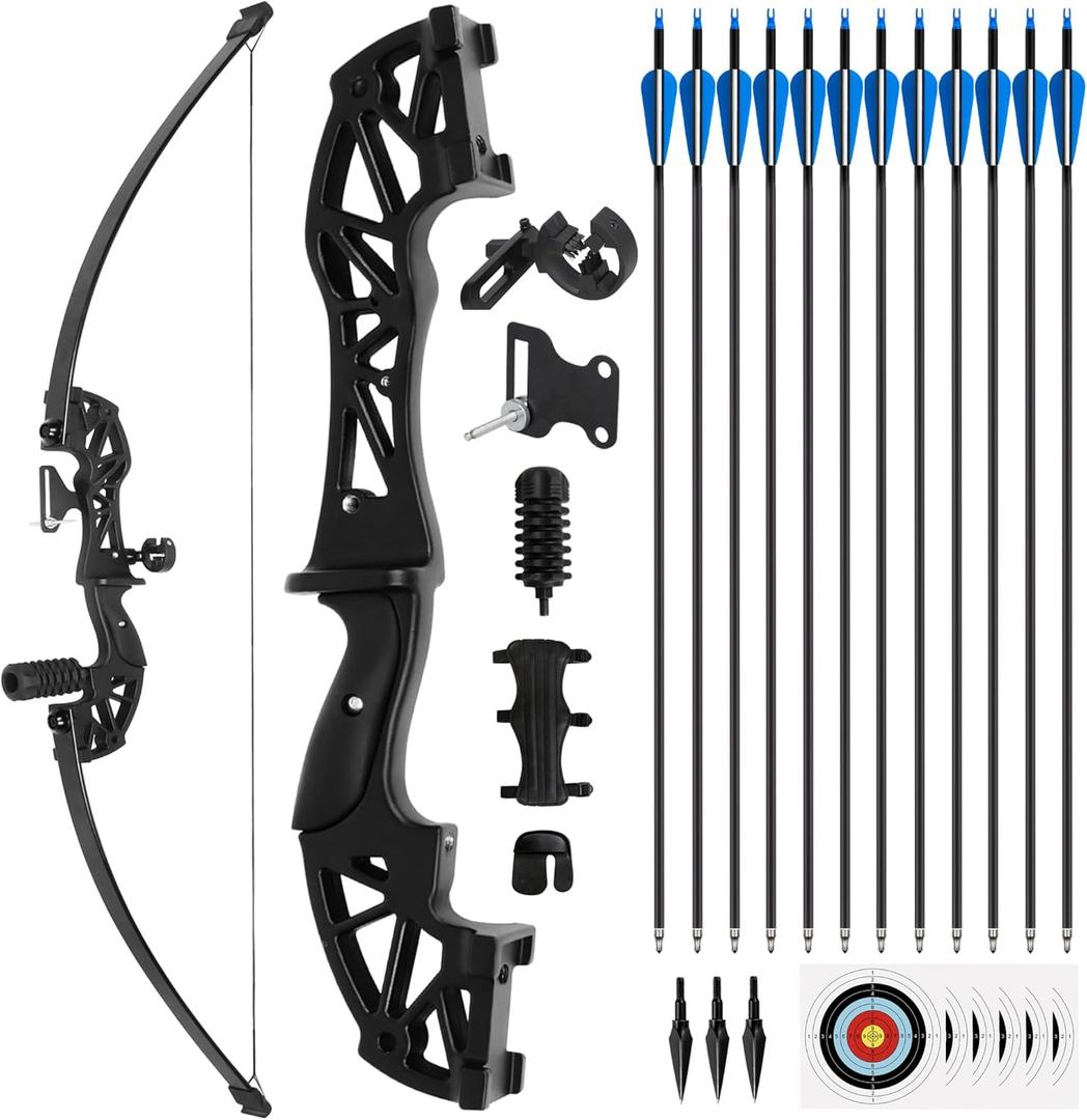 30lb Recurve Bow and Arrow Set, Black Right Hand Archery Bow, Contains 12 Arrows, Suitable for Beginners to Practice