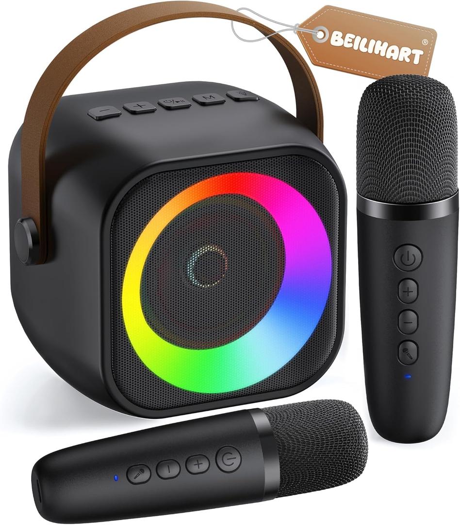 Mini Karaoke Machine, Portable Bluetooth Karaoke Speaker with 2 Wireless Microphones and Party Lights for Kids and Adults, Birthday Gifts for Girls Boys Family Home Party (Black)