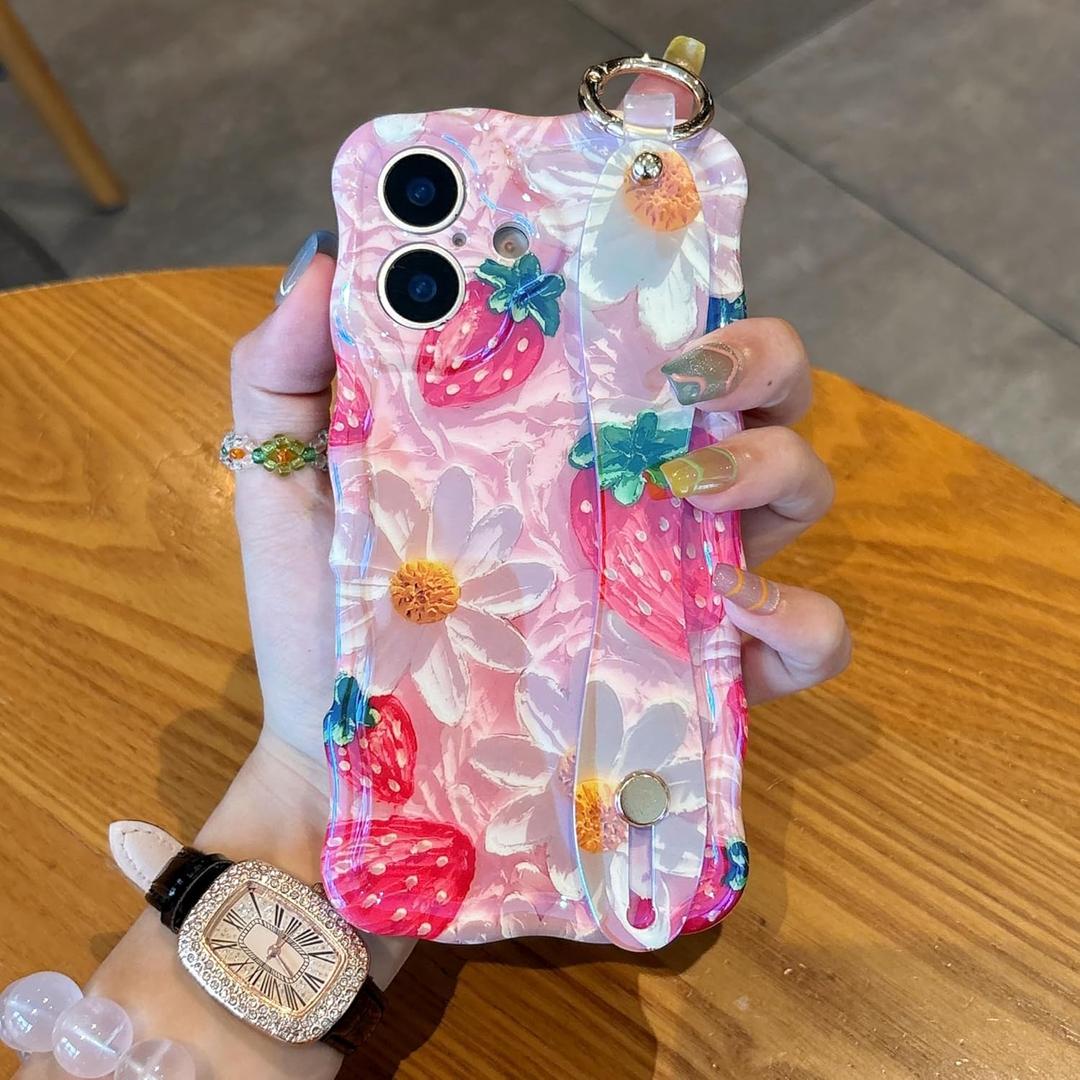 UEEBAI for iPhone 16 Plus Case, Oil Painting Flower Case with Phone Grip Pretty Glossy Wave Cover Cute Floral Curly Cover with Phone Finger Strap Stand for Women Girl, Strawberry
