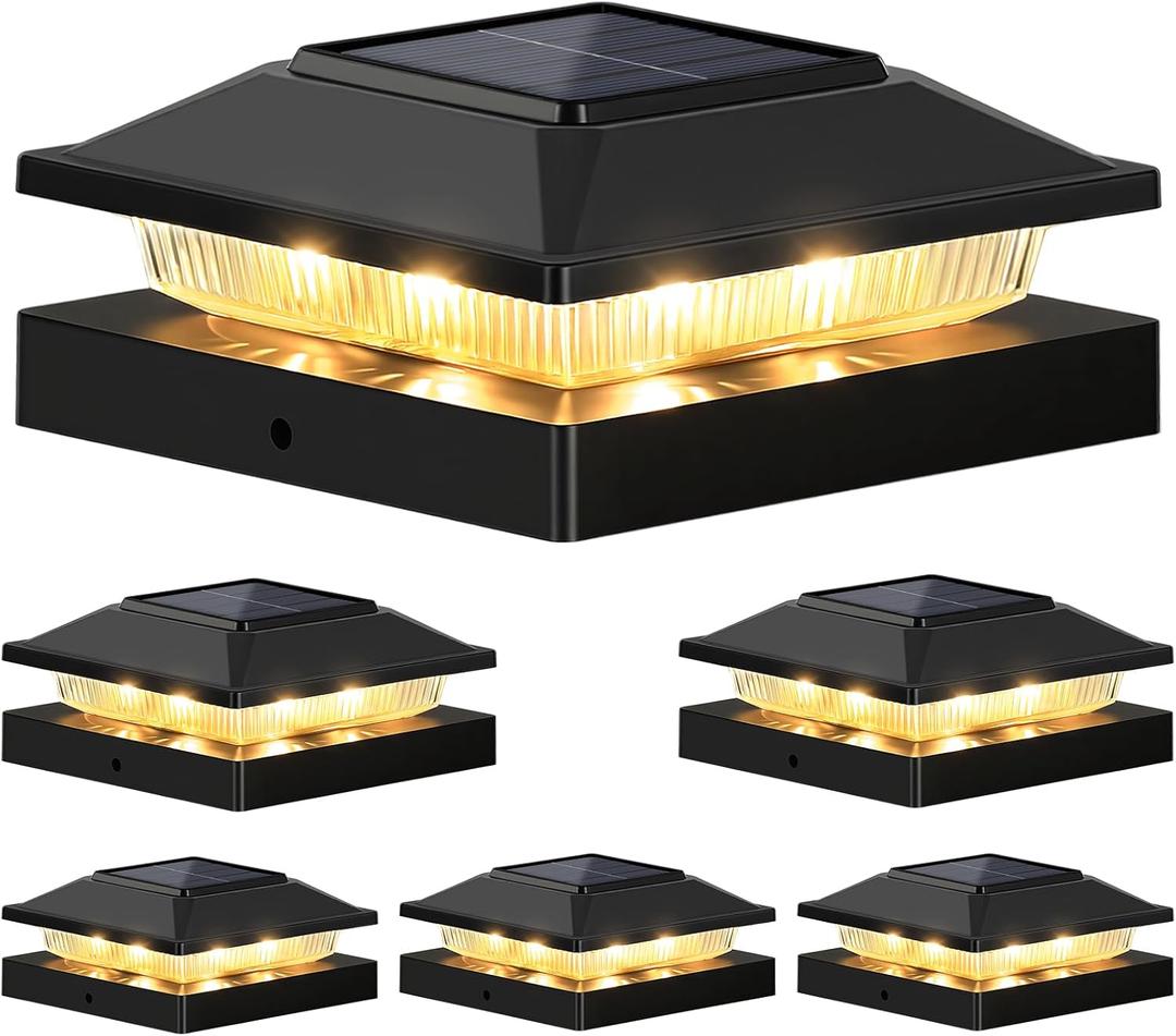 Brightever 4x4 3.5x3.5 Solar Post Cap Lights 6-Pack, Outdoor Solar Powered Fence Post Lights, Black Solar Waterproof Deck Post Lights for Vinyl/Wood Posts, Warm/Cool White, Perfect for Garden Patio
