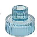 Double Sided Vintage Ribbed Taper Glass Candle Holders,Tea Candle Holder for Table Centerpieces, Wedding Decorations and Dinner Parties (Bule, 3 PCS)