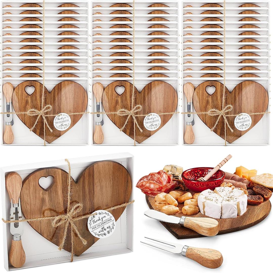 Patelai 36 Set Bridal Baby Shower Favor Heart Cheese Board with Knife, Wood Mini Charcuterie Board Thank You Gift Box for Guest Bridal Baby Shower Prize Wedding Valentines Birthday (Acacia Color)