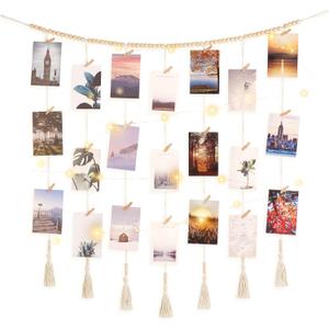 Dahey Macrame Wall Hanging Photo Display Dorm Wall Decor Boho Collage Picture Frame with Wooden Beads Garland Photo String With Clips for Teen Girl College Bedroom Living Room Classroom Christmas Gift