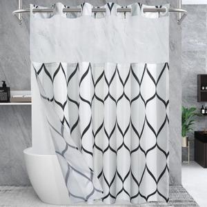 No Hook Needed White Shower Curtain with Snap in Fabric Liner Set - Hotel Style with See Through Mesh Top Window, Modern Geometric Waterdrop Design,Water-Repellent & Washable, 71x74 INCH