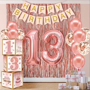 13th Birthday Decorations for Girls,13 Year Old Boxes Decor for Girls Women Happy official 13th teenager Birthday Kits Pink Rose Gold Number 13 Foil Balloons Party Supplies Rose Gold Tassel Curtain