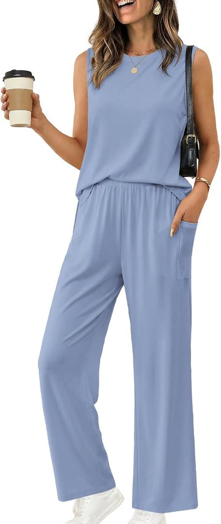 Ekouaer Women's Two Piece Sets Summer Sleeveless Lounge Sets Matching Pants Airport Travel Outfits Size M