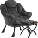 Lazy Chair with Folding Ottoman,Leisure Sofa Chair,Soft Fabric Armchair with Armrests and Side Pockets, Reading Chair with Footrest for Living Room, Bedroom, Office (Plush Dark Grey)
