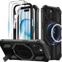 for iPhone 15 Magnetic Case with Stand & Screen Protector [Compatible with MagSafe] Non Slip Full Body Double Layer Heavy Duty Military Grade Shockproof Protection Cover, Black