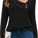 Yousify Womens Asymmetric V Neck Shirts Long Sleeve Fall Dressy Casual Button Down Tunic Tops Business Loose Fit Blouses (Medium, Black)