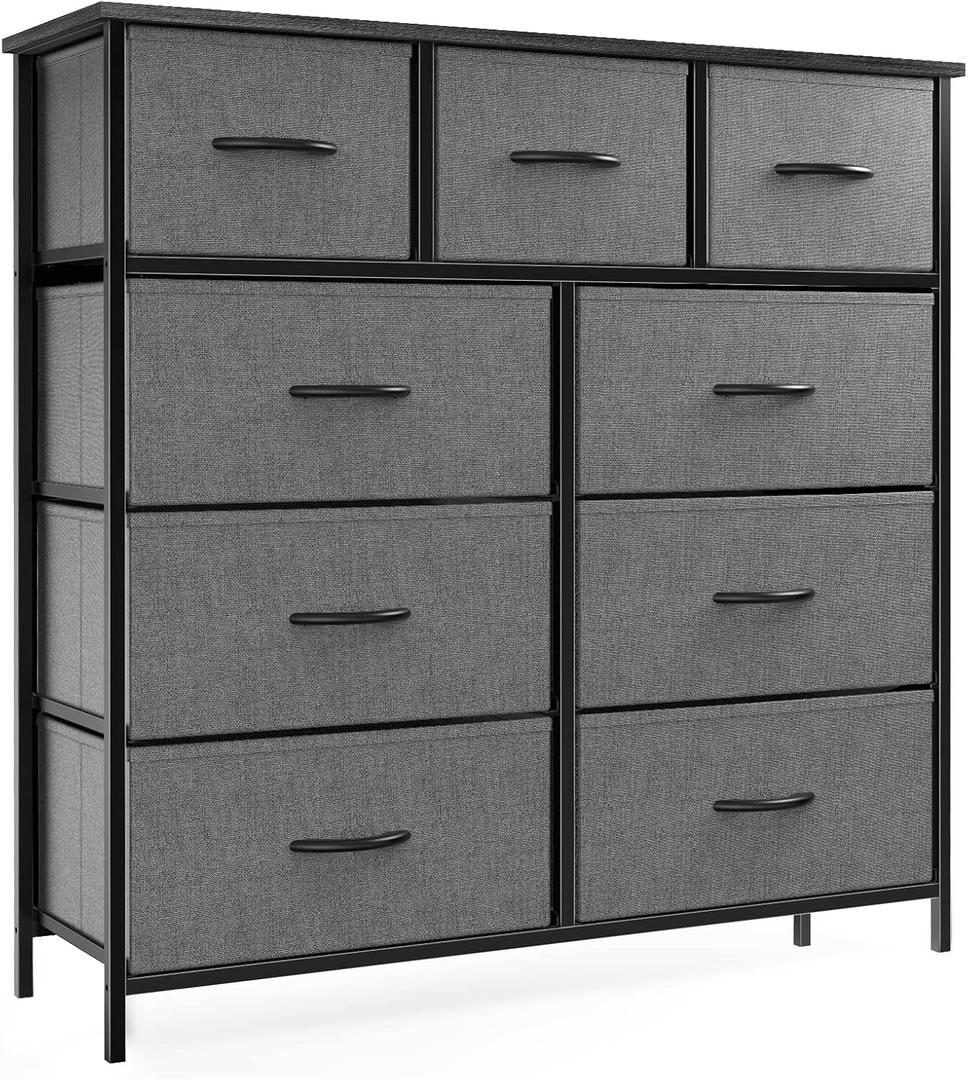 OLIXIS Dresser for Bedroom, 9 Storage Drawers, Wide Fabric Closet Chests Organizer Tower Furniture, TV Stand with Wooden Top Metal Frame for Clothes, Living Room, Hallway, Entryway, Classic Grey (11.8"D x 39.4"W x 40"H (9 Drawers))