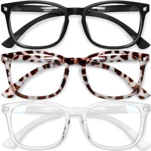 Gaoye Stylish Blue Light Glasses for Woman - Computer Glasses for Blue Light Blocking - Lightweight Frames - 3 Pack, Matte Black, Leopard, Transparent