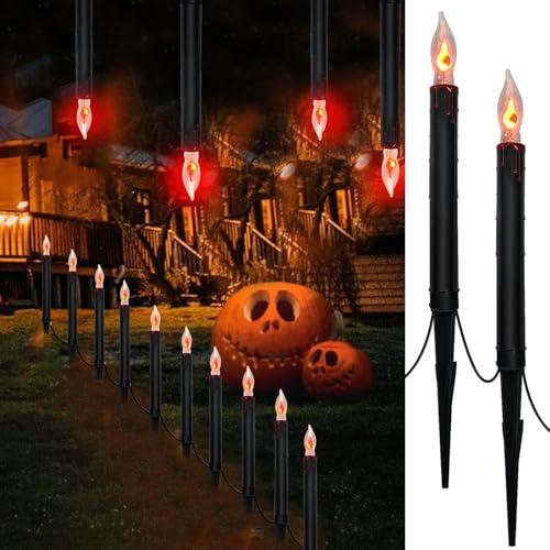 Cbebew 19.5Ft Halloween Pathway Lights Outdoor, Halloween Decor Candle Lights with 10 C18 Flame Bulbs and Black Blood Tears Stakes, Plug in Walkway Decoration Lights for Lawn Yard Garden Party Decor