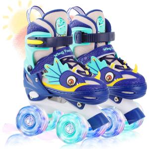 Dino Kids Toddler Roller Skates for Boys Girls, WESKIFAN Dinosaur Quad Skating Shoes with Shiny Light up Wheels&Adjustable Sizes Beginners rollerskates for Birthday Xmas Gifts, X-Small-Toddler (7C~10C), Blue
