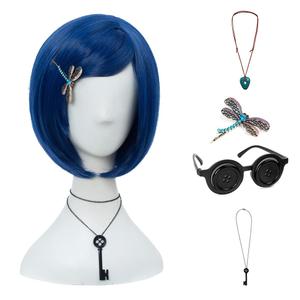 Women Girls Dark Blue Bob Short Straight Hair Wig Button Glasses Key Necklace Gemstone Necklace Dragonfly Hairpin Costume Party Cosplay Wig (SET2)