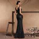 Elegant Long Sequin Formal Dress V-Neck Slit Design, Stretchy Fitted Glamorous (Black, XL)