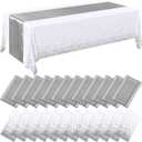 Breling 24 Packs White and Silver Disposable Plastic Tablecloths and Satin Table Runner Set, 54 x 108 Inch Tablecloth, 12 x 108 Inch Table Runners for Wedding Graduation Birthday Baby Shower