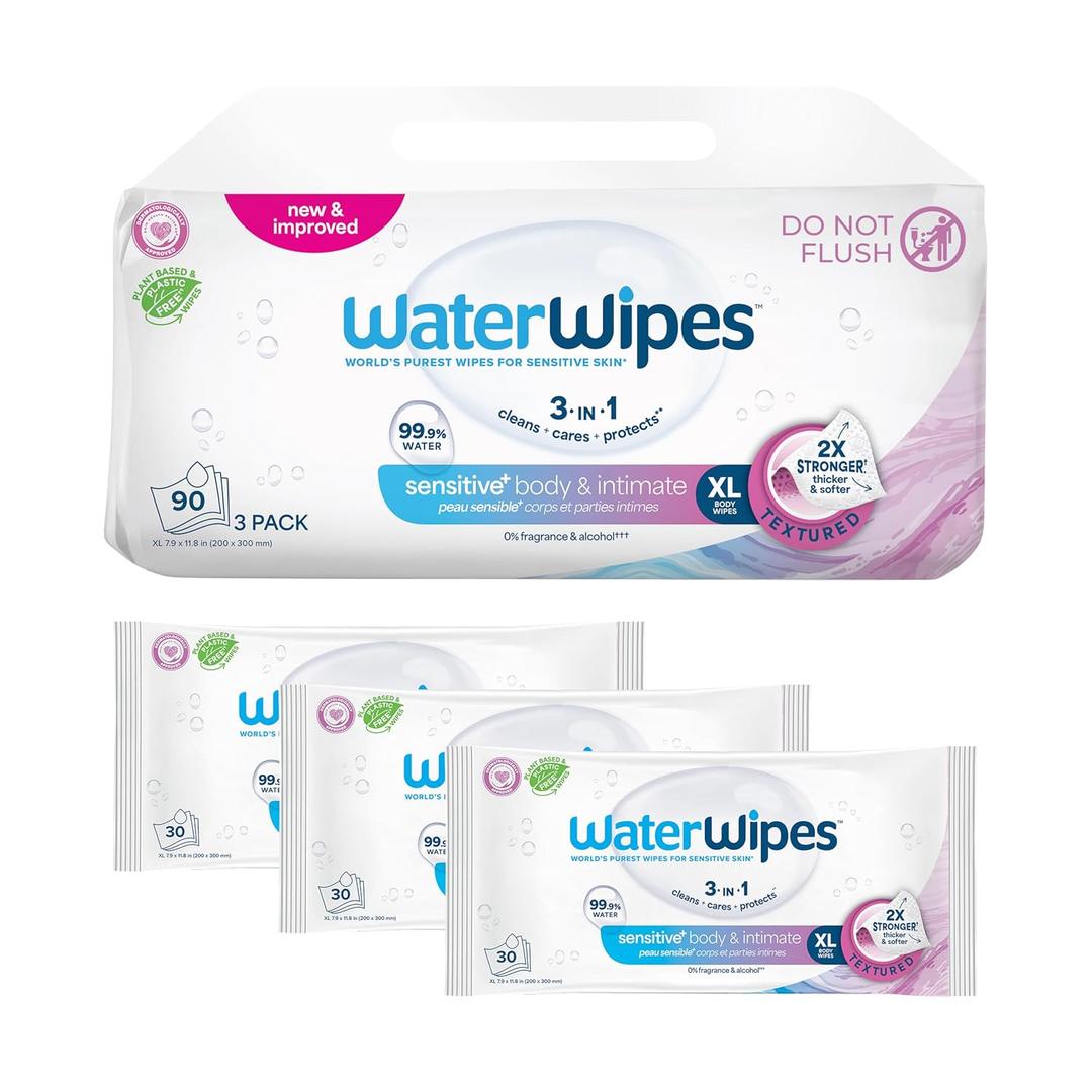 3 x WaterWipes Sensitive Whole Body Cleansing Wipes, 99.9% Purified Water, XL Textured Wipes, Incontinence Care, Fragrance Free, 90 Count