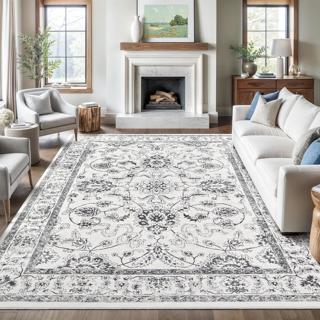 Madane 8x10 Area Rugs for Living Room, Vintage Washable Rug with Non-Slip Backing, Soft Floral Print Large Foldable Thin Floor Carpet for Bedroom Dining Room, Iron Gray/Ivory