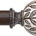 Walnut Wood Curtain Rod 36-122 Inch, Boho Decorative 1 Inch Rustic Curtain Rod for Farmhouse Window, Adjustable Heavy Duty Long Vintage Window Treatment Rods, Imitation Wood Grain Leaf Finial