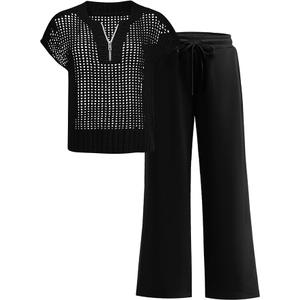 ANRABESS Womens 2 Piece Outfits Crochet Knit Half Zip Sweater Top Wide Leg Pants Summer Lounge Matching Sets Travel Clothes
 XL