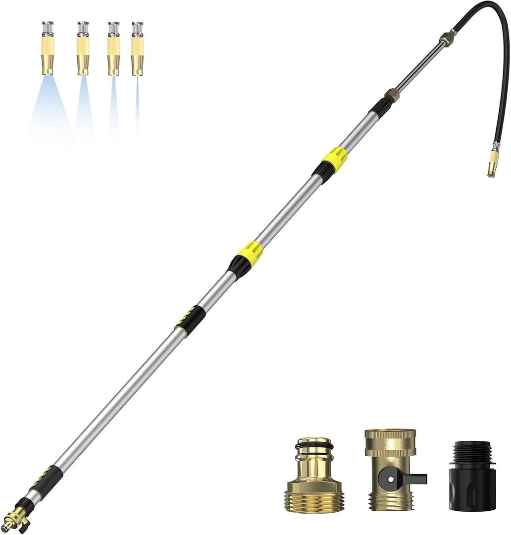 Buyplus 24FT Reach Telescoping Gutter Cleaning Tools 4-16FT Rain Gutter Cleaner Tools From Ground with 3/4" Brass Garden Hose Shut Off Valve, Bendable Flexible Water Wand for Garden Hose, Window