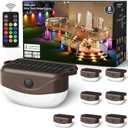 Solar Fence Lights with Remote Control 50ft,15 Multi Colors Solar Powered Outdoor Step Lighting,IP67 Waterproof Led RGBYW Colors Lamp for Outside Fence/Deck/Backyard/Stair Railing/Wall/Patio/Pool (8 Pack, Brown)