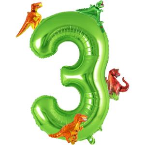 Dinosaur Green Number 3 Balloon, 40 Inch Big Large Foil Helium Green Number Balloon with 4 Pcs Mini Dinosuar, Dinosuar Mylar Balloons Set for 3 Year Old Birthday Party Decorations Supplies