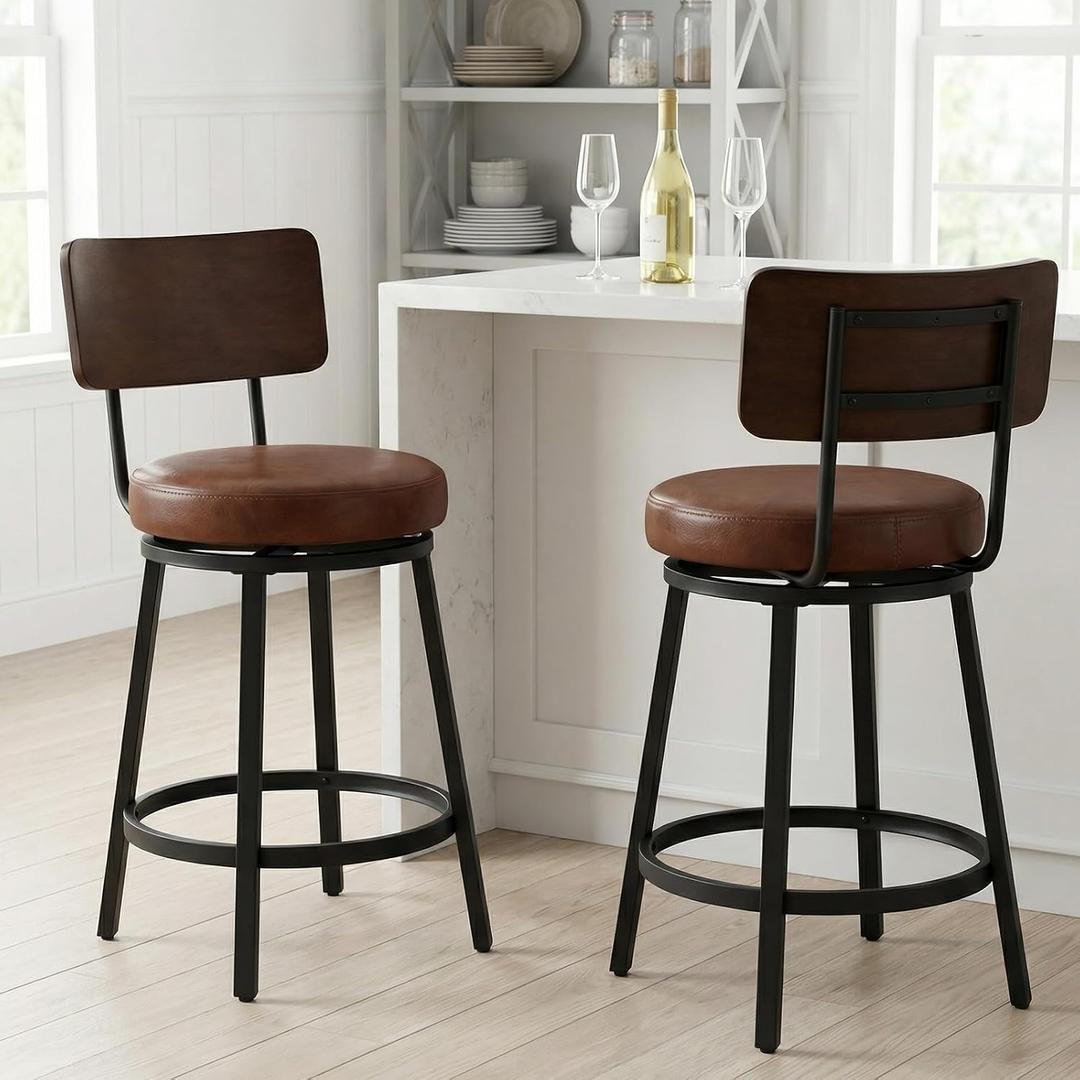Counter Height Bar Stools Set of 2, 26" Swivel Barstools with Solid Wood Backrest & Metal Legs, Mid-Century Modern Faux Leather Upholstered Bar Chairs, Counter Stools for Kitchen Island, Brown