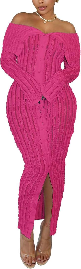 Sexy Button Down Dresses for Women Date Night Off Shoulder See Through Mesh Ruffle Bodycon Maxi Dress (Medium, 0279-hot Pink)