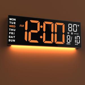 JALL 16" Large Digital Wall Mount Clock, Count Down Timer, Alarm, Big LED, RGB Color, DST, Temperature for Living Room Classroom Desk, Xmas, Birthday Gift for Senior Mom Dad, Orange White