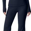 QINSEN Womens 2 Piece Lounge Sets Mock Neck Long Sleeve Tops with Side Ruched Fold Over Flare Pants Comfy Tracksuits (Medium, Navy Blue)