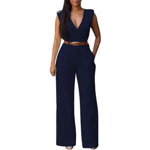 Pink Queen Jumpsuits for Women Dressy V Neck Sleeveless Wide Leg Long Pants Rompers (XX-Large, Z-Dark Blue)