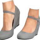 Coutgo Womens Wedge Pumps Dressy Mary Jane Shoes Comfort Wedges Closed Toe Ankle Strap Heeled Shoes (10, Grey)