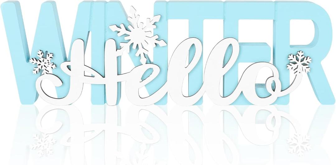 COCHIE Wooden Hello Winter Sign, Holidays Snowflake Decorations for Home, Office, Shelf, Mantel, Indoor, Wood White Snowflake Decor, Blue Table Top Party Supplies Decoration (Winter)
